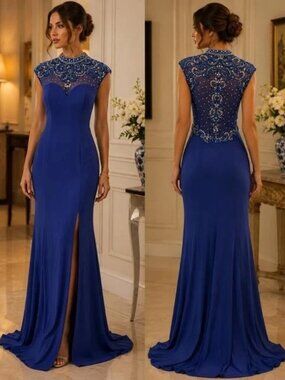 Envious Couture Royal Blue Embellished Illusion Gown